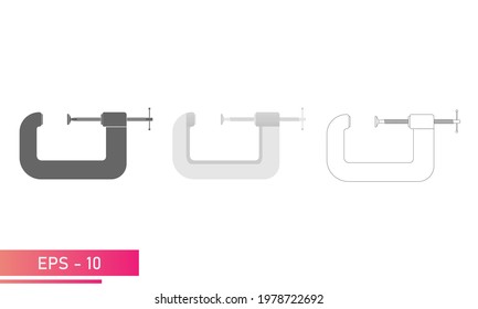 Set, Clamp for carpentry and locksmithing. Linear, solid and realistic design. On a white background. Tools for carpenters and carpenters. Flat vector illustration.