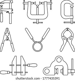 Set of clamp icons. Hand tools. Vector thin line