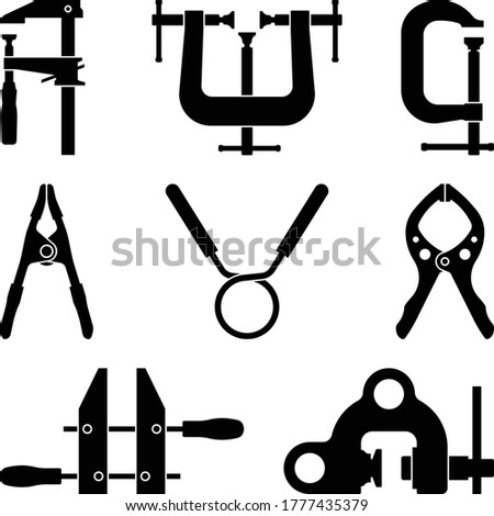 Set of clamp icons. Hand tools. Silhouette vector