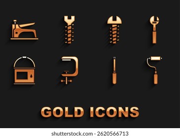 Set Clamp and screw tool, Adjustable wrench, Paint roller brush, Screwdriver, bucket, Metallic, Construction stapler and  icon. Vector
