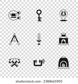 Set Clamp and screw tool, Blacksmith oven, Medieval sword, Horseshoe, anvil, Old key and Air blower bellows icon. Vector