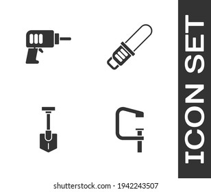 Set Clamp and screw tool, Electric drill machine, Shovel and Chainsaw icon. Vector