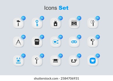 Set Clamp and screw tool, Welding mask, Old key, Blacksmith anvil, Hammer,  and  icon. Vector