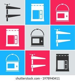 Ajuste la herramienta Clamp, la bolsa de cemento y el icono del cubo de pintura. Vector