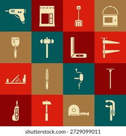 Set Clamp tool, Metallic nail, Snow shovel, Sledgehammer, Putty knife, Electric hot glue gun and Corner ruler icon. Vector