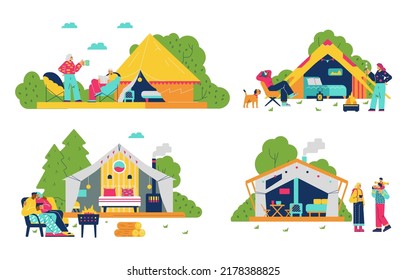 Set of clamping scenes with people relaxing in nature flat style, vector illustration isolated on white background. Families, tents and houses in forest, cooking on grill
