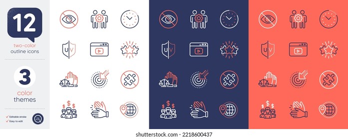 Set of Clapping hands, Court jury and Time management line icons. Include Targeting, Uv protection, Salary employees icons. World travel, Employees teamwork, Video content web elements. Vector