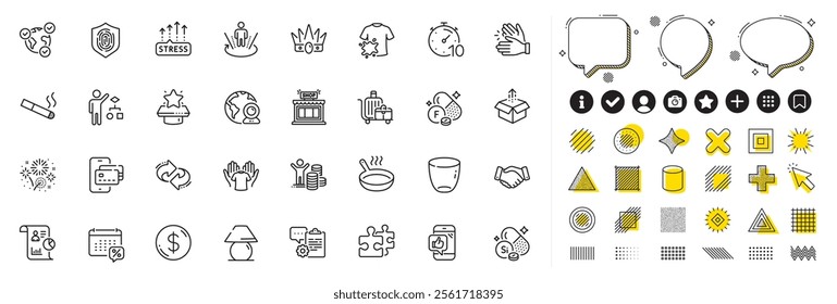 Set of Clapping hands, Shop and Dirty t-shirt line icons for web app. Design elements, Social media icons. Silicon mineral, Online voting, Calendar tax icons. Vector