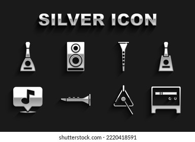 Set Clarinet, Balalaika, Guitar amplifier, Triangle, Musical note,  and Stereo speaker icon. Vector