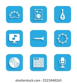 Set Clarinet, Drum machine, Microphone, Tambourine, Vinyl disk, Musical note, Guitar and  icon. Vector