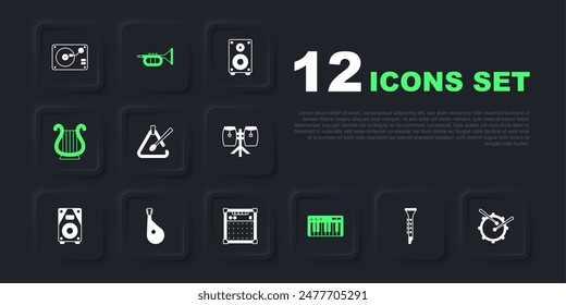 Set Clarinet, Drum with drum sticks, Triangle musical instrument, Music synthesizer, Ancient Greek lyre, Bandura, Trumpet and Guitar amplifier icon. Vector