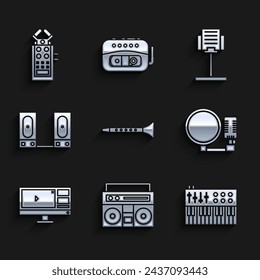 Set Clarinet, Home stereo with two speakers, Music synthesizer, Microphone, Video recorder or editor software monitor, Stereo, stand and  icon. Vector