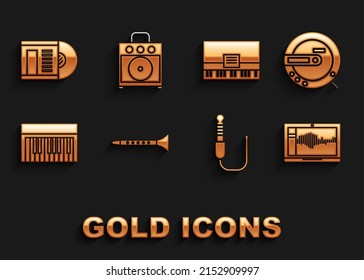 Set Clarinet, Music CD player, Sound or audio recorder on laptop, Audio jack, synthesizer, Piano, Vinyl disk and Guitar amplifier icon. Vector
