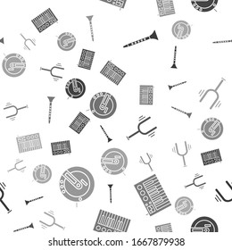 Set Clarinet, Music synthesizer, Musical tuning fork and Music CD player on seamless pattern. Vector