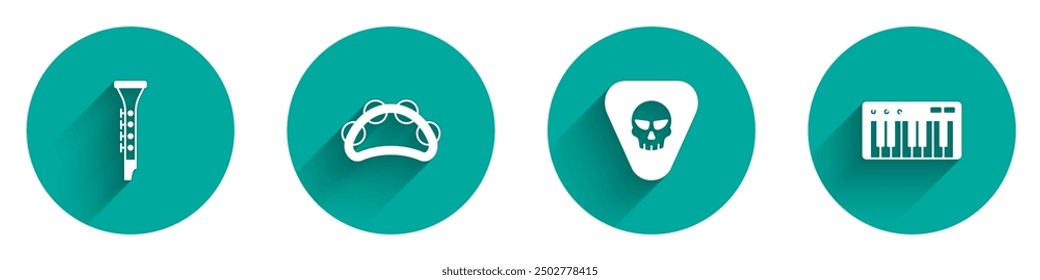 Set Clarinet, Tambourine, Guitar pick and Music synthesizer icon with long shadow. Vector