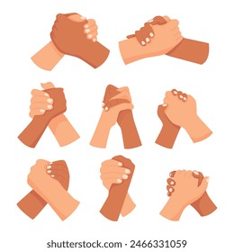 Set of clasped hands collection, hand in hand gesture, holding hands or Wrestling hands, multiracial hands holding each other strongly, cartoon vector illustration, isolated on white background. 