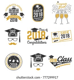 Set of Class of 2018 badges. Concept for shirt, print, seal, overlay or stamp, greeting, invitation card. Vector illustration