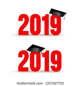 Set of Class of 2019 with Graduation Cap. Vector illustration. Isolated on white background.