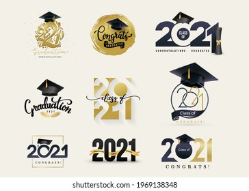 Set of Class of 2021 badges. Concept design for shirt, print, seal, overlay or stamp, greeting, invitation card, seal or stamp. Typography vector grad labels big collection.