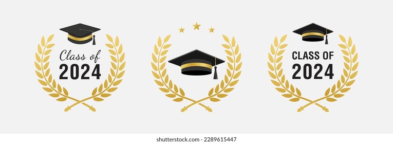 Conjunto de la plantilla de diseño del emblema de la graduación 2024 aislado, tapón de graduación con correa laurel en color oro