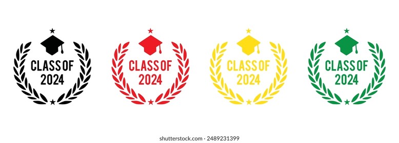 Set der Klasse von 2024 Graduation Award Emblem Design Vorlage isoliert in weißem Hintergrund, Graduierung Mütze mit Lorbeerkranz in Goldfarbe