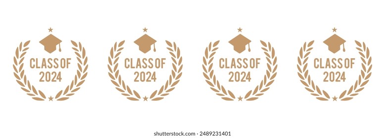 Set of class of 2024 graduation award emblem design template isolated in white background, graduation cap with laurel wreath in gold color