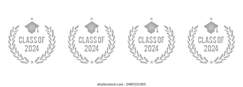 Set of class of 2024 graduation award emblem design template isolated in white background, graduation cap with laurel wreath in gold color