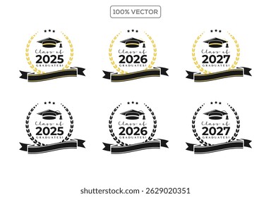 Set of class of 2025 2026 2027 graduation award emblem design template, graduation cap with laurel wreath in gold color template design 