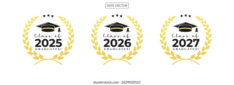Set of class of 2025 2026 2027 graduation award emblem design template, graduation cap with laurel wreath in gold color template design collection 1