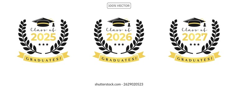 Set of class of 2025 2026 2027 graduation award emblem design template, graduation cap with laurel wreath in gold color template design collection
