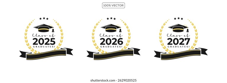Set of class of 2025 2026 2027 graduation award emblem design template, graduation cap with laurel wreath in gold color template design collection 2