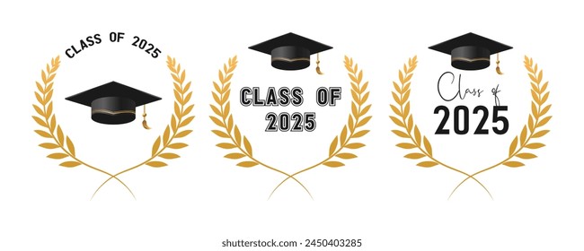 Set of class of 2025 graduation award emblem design with decorative gold frame