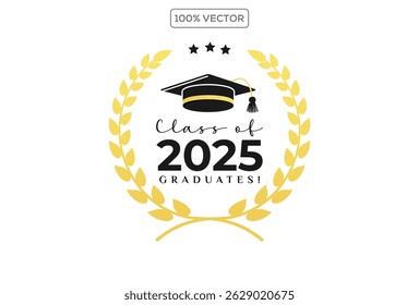 Conjunto de classe de 2025 modelo de design emblema de prêmio de graduação, boné de graduação com coroa de louro em ouro modelo de cor projeto coleção stock