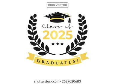 Conjunto de classe de 2025 modelo de design emblema de prêmio de graduação, tampa de graduação com coroa de louro em ilustração de coleção de design de modelo de cor dourada