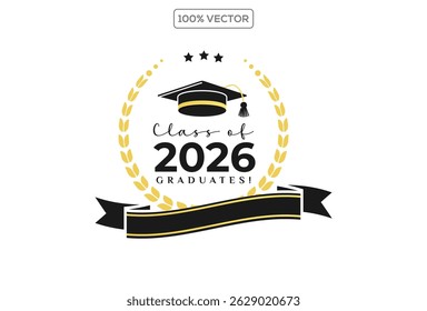 Set der Klasse von 2026 Graduierung Award Emblem Design-Vorlage, Graduierung Kappe mit Lorbeerkranz in Gold Farbe Vorlage Design Kollektion 1