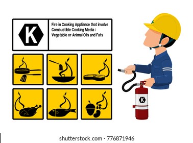 Set of Class K fire icon and  the industrial worker hold the Extinguisher tank. Class K fire is cooking fire involving combustion from liquids used in food preparation
