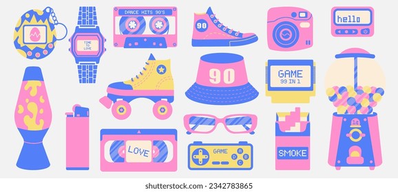 Set of classic 80s 90s elements in flat style.