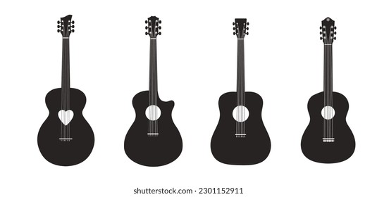 A set of classic acoustic guitars. Vector black guitars on white background. Black guitars with white strings. For music applications or music stores. 