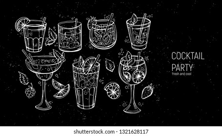 Set of classic alcoholic cocktails. Hand drawn vector illustration.