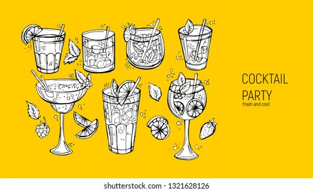 Set of classic alcoholic cocktails. Hand drawn vector illustration.