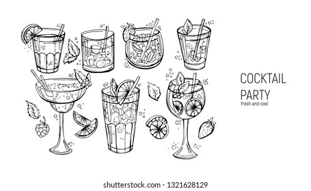 Set of classic alcoholic cocktails. Hand drawn vector illustration.