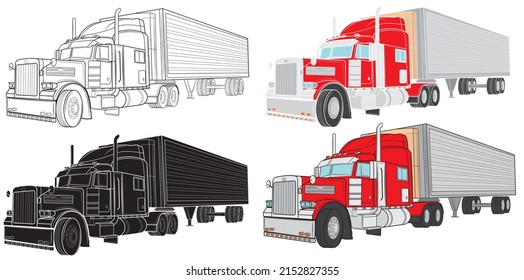 Set of Classic american truck with trailer isolated on white background. Vector illustration.