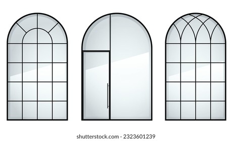 Set of classic arched wooden doors for a balcony. Doors of different colors. Vector graphics