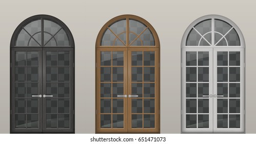 Set of classic arched wooden doors for a balcony. Doors of different colors. Vector graphics