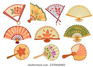 Set of classic asian style wooden hand fan with colorful drawing pattern vector illustration isolated on white background