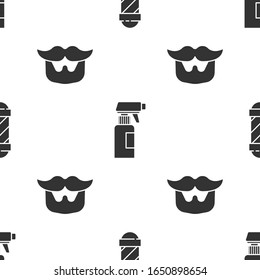 Ponga el polo clásico de la Barbería, el frasco de pulverización de la pistola de la peluquería y el Mustache y la barba en un patrón impecable. Vector