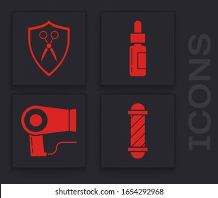 Set Classic Barber shop pole, Scissors hairdresser and shield, Glass bottle with a pipette and Hair dryer icon. Vector