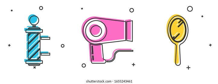 Set Classic Barber shop pole, Hair dryer and Hand mirror icon. Vector