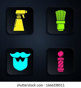 Set Classic Barber shop pole, Hairdresser pistol spray bottle, Mustache and beard and Shaving brush. Black square button. Vector