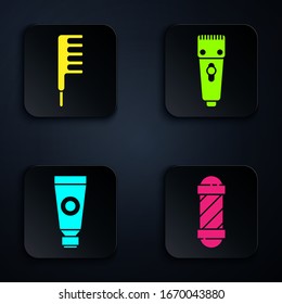Set Classic Barber shop pole, cepillo de pelo, tubo cosmético de crema o loción, y Clipper o shaver de cabello eléctrico. Botón cuadrado negro. Vector